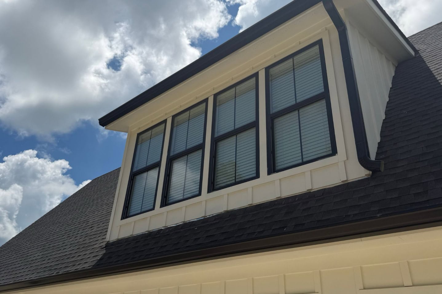 A closeup photo of windows in the awning of a home.